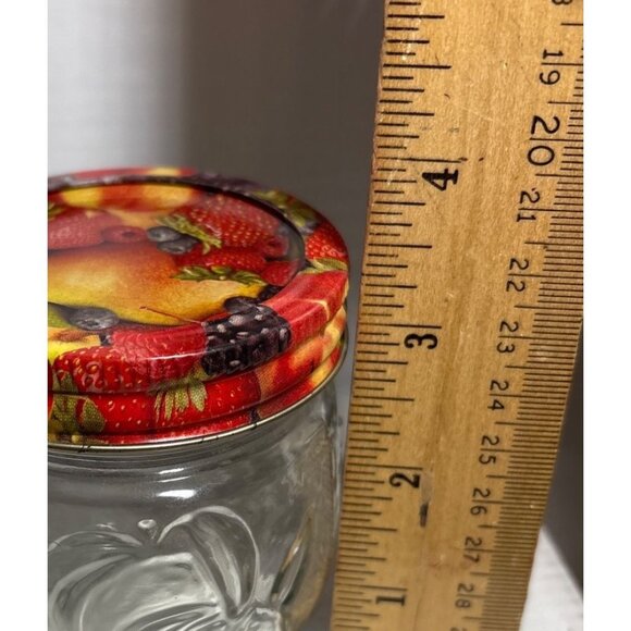 Small Glass Jar With Fruit Print Lid Embossed Fruit Design 3.5 Inches Tall  Jam - Picture 4 of 7